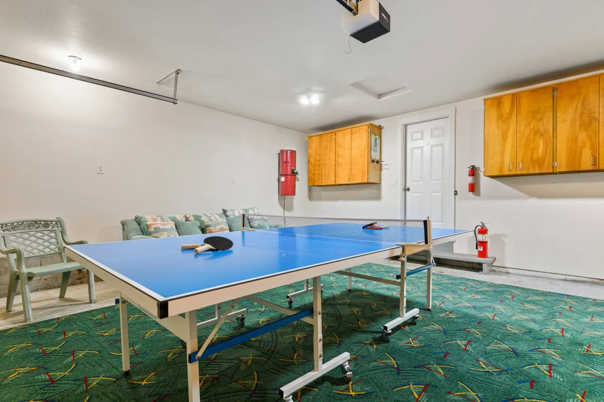 A dedicated recreation space with a ping pong table positioned atop a green carpet, accompanied by a comfortable seating area for players and onlookers. The layout encourages competitive matches and relaxed socializing between games.